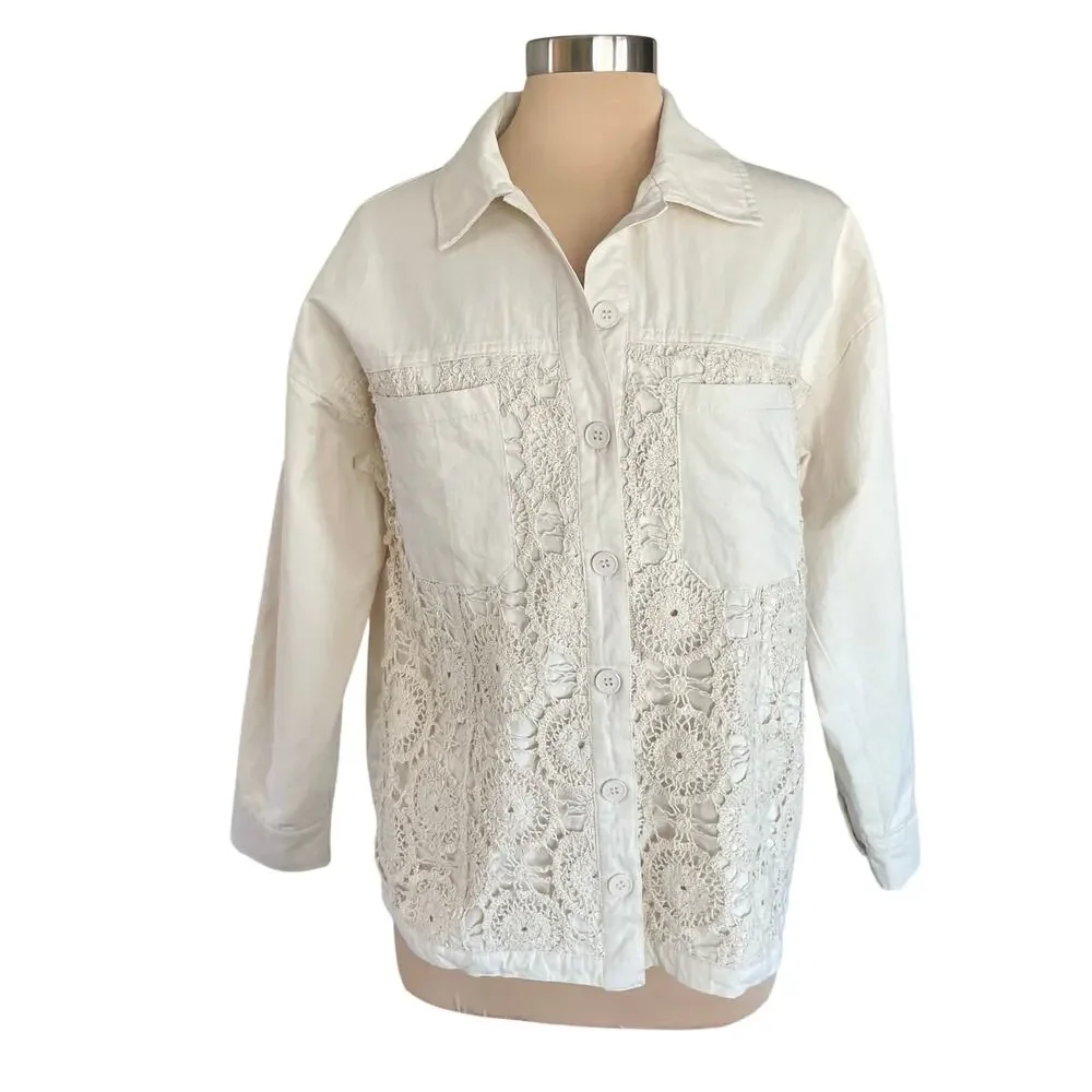 Forever 21 Cream Twill Crochet Lace Jacket / Shacket Size M Boho Chic Casual